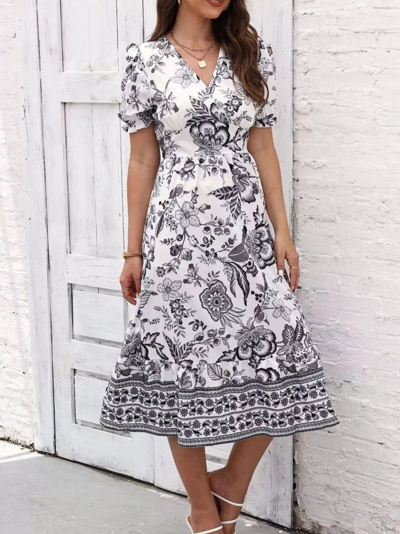 Floral Print Puff Sleeve Wrap Midi Dress - Bitsy Gypsy Boutique