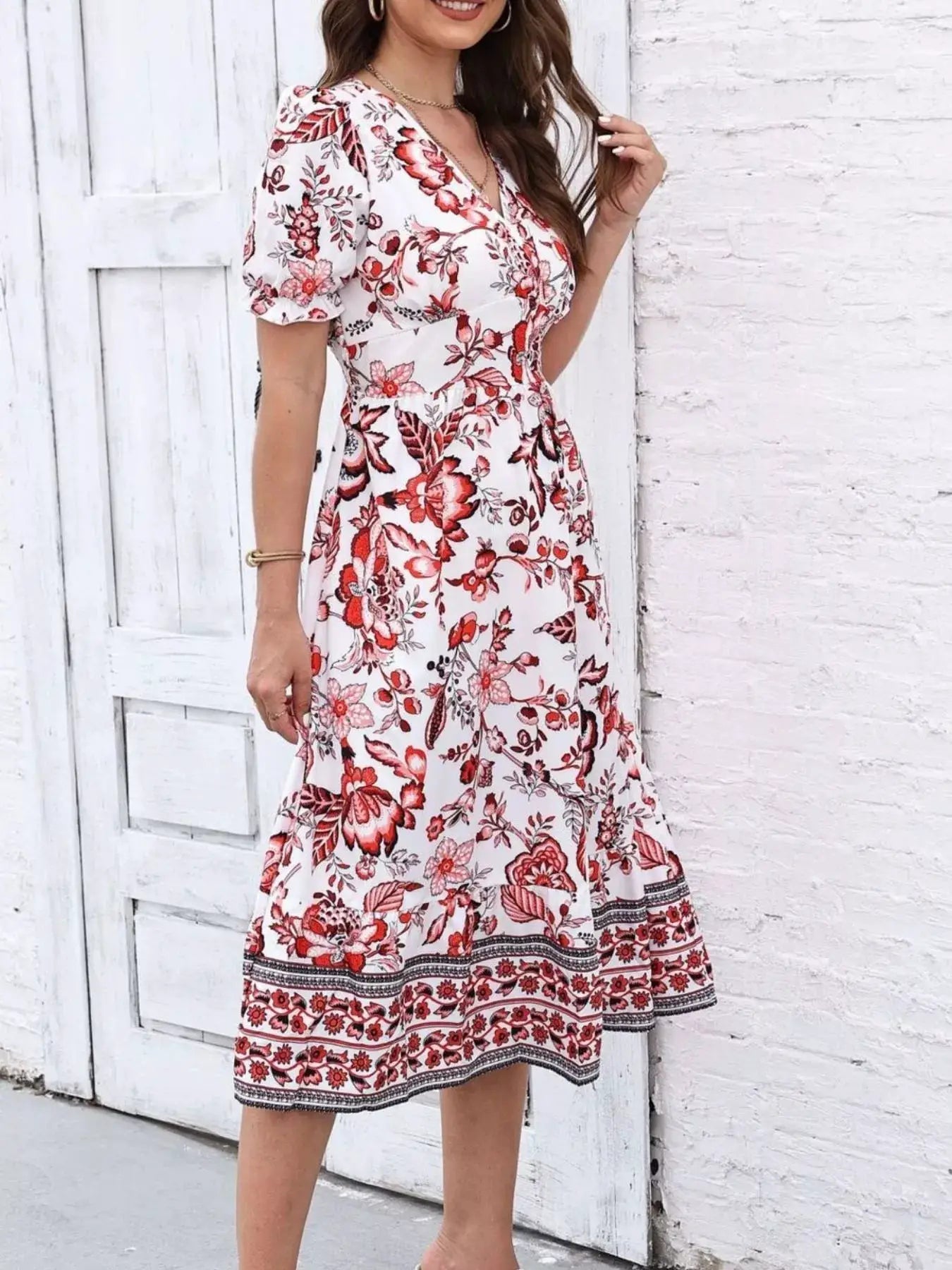 Floral Print Puff Sleeve Wrap Midi Dress - Bitsy Gypsy Boutique
