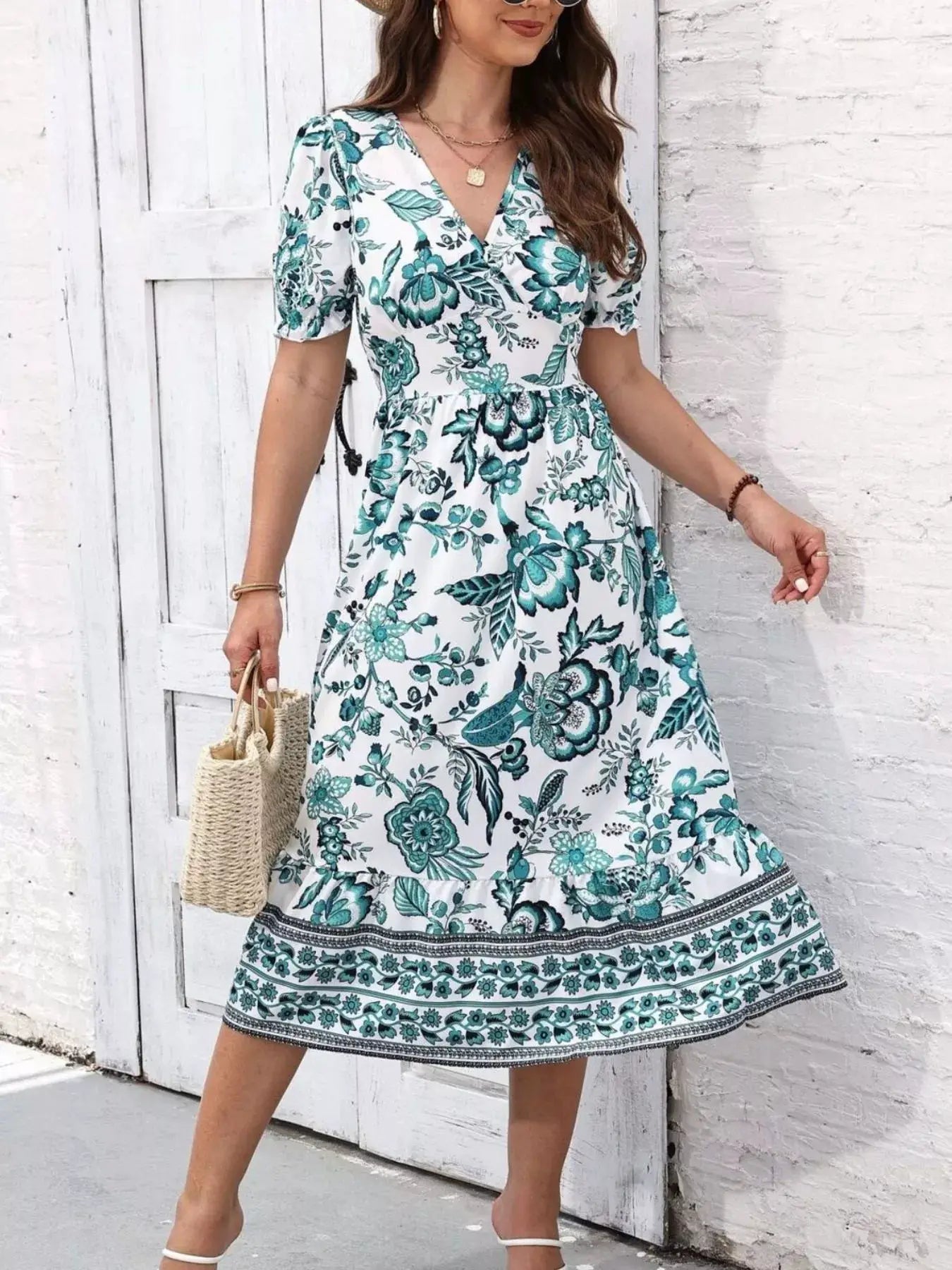 Floral Print Puff Sleeve Wrap Midi Dress - Bitsy Gypsy Boutique