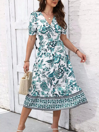 Floral Print Puff Sleeve Wrap Midi Dress - Bitsy Gypsy Boutique