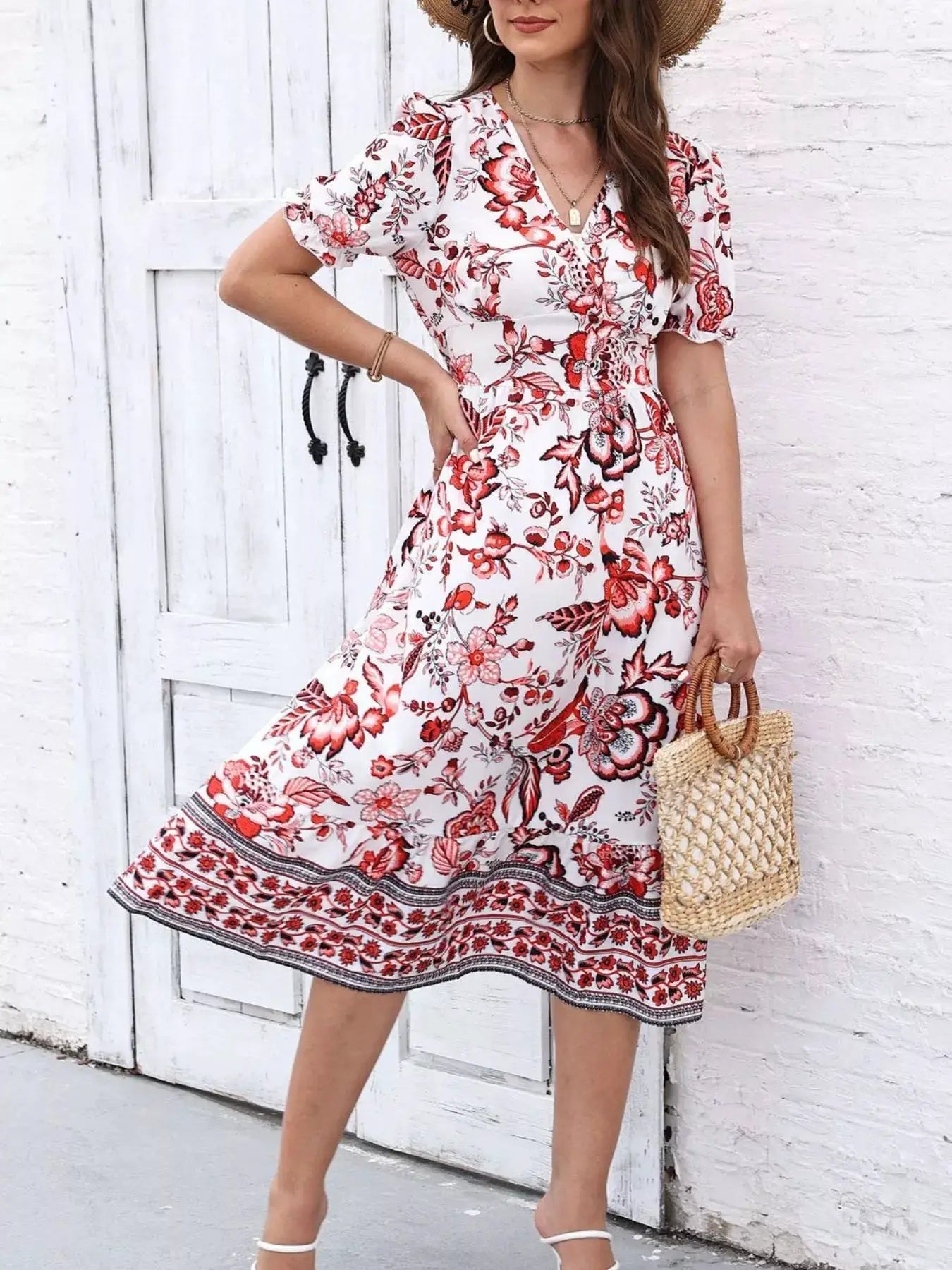 Floral Print Puff Sleeve Wrap Midi Dress - Bitsy Gypsy Boutique