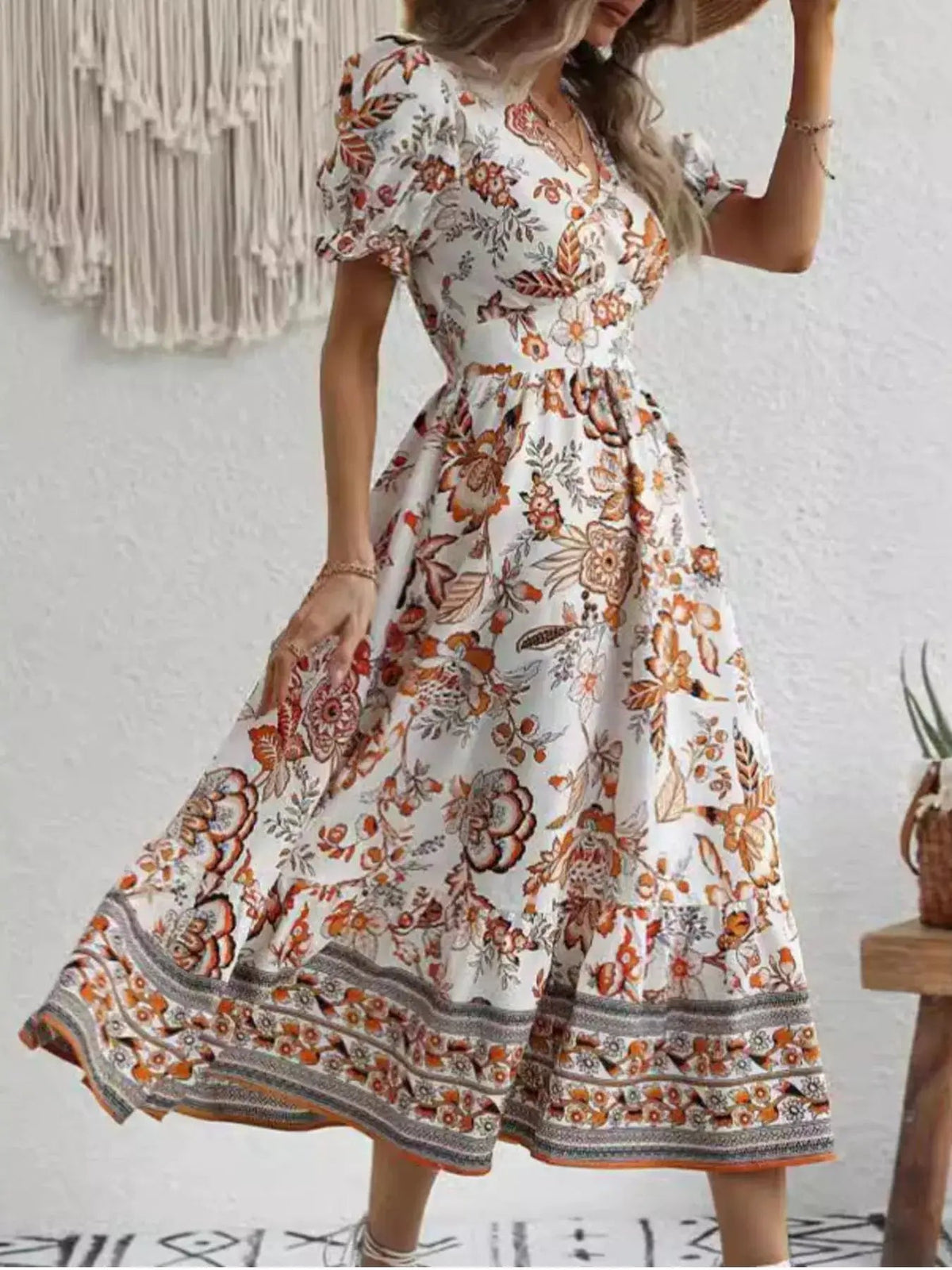 Floral Print Puff Sleeve Wrap Midi Dress - Bitsy Gypsy Boutique