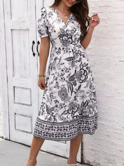 Floral Print Puff Sleeve Wrap Midi Dress - Bitsy Gypsy Boutique