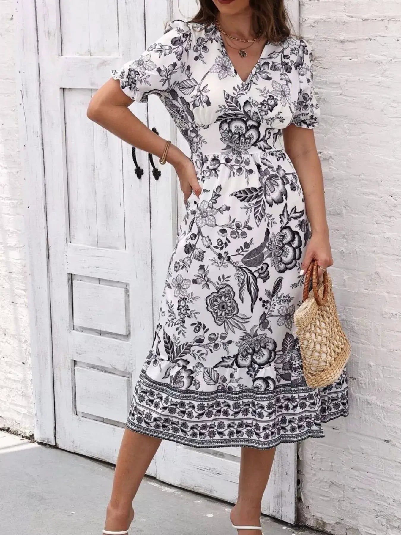 Floral Print Puff Sleeve Wrap Midi Dress - Bitsy Gypsy Boutique