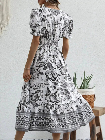 Floral Print Puff Sleeve Wrap Midi Dress - Bitsy Gypsy Boutique