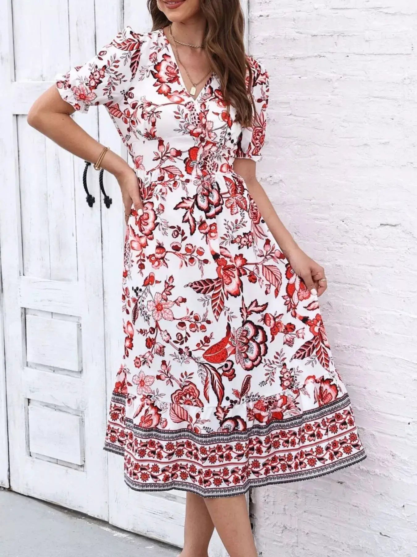 Floral Print Puff Sleeve Wrap Midi Dress - Bitsy Gypsy Boutique