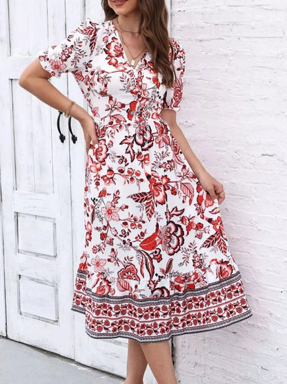 Floral Print Puff Sleeve Wrap Midi Dress - Bitsy Gypsy Boutique