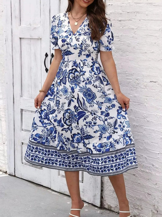 Floral Print Puff Sleeve Wrap Midi Dress - Bitsy Gypsy Boutique