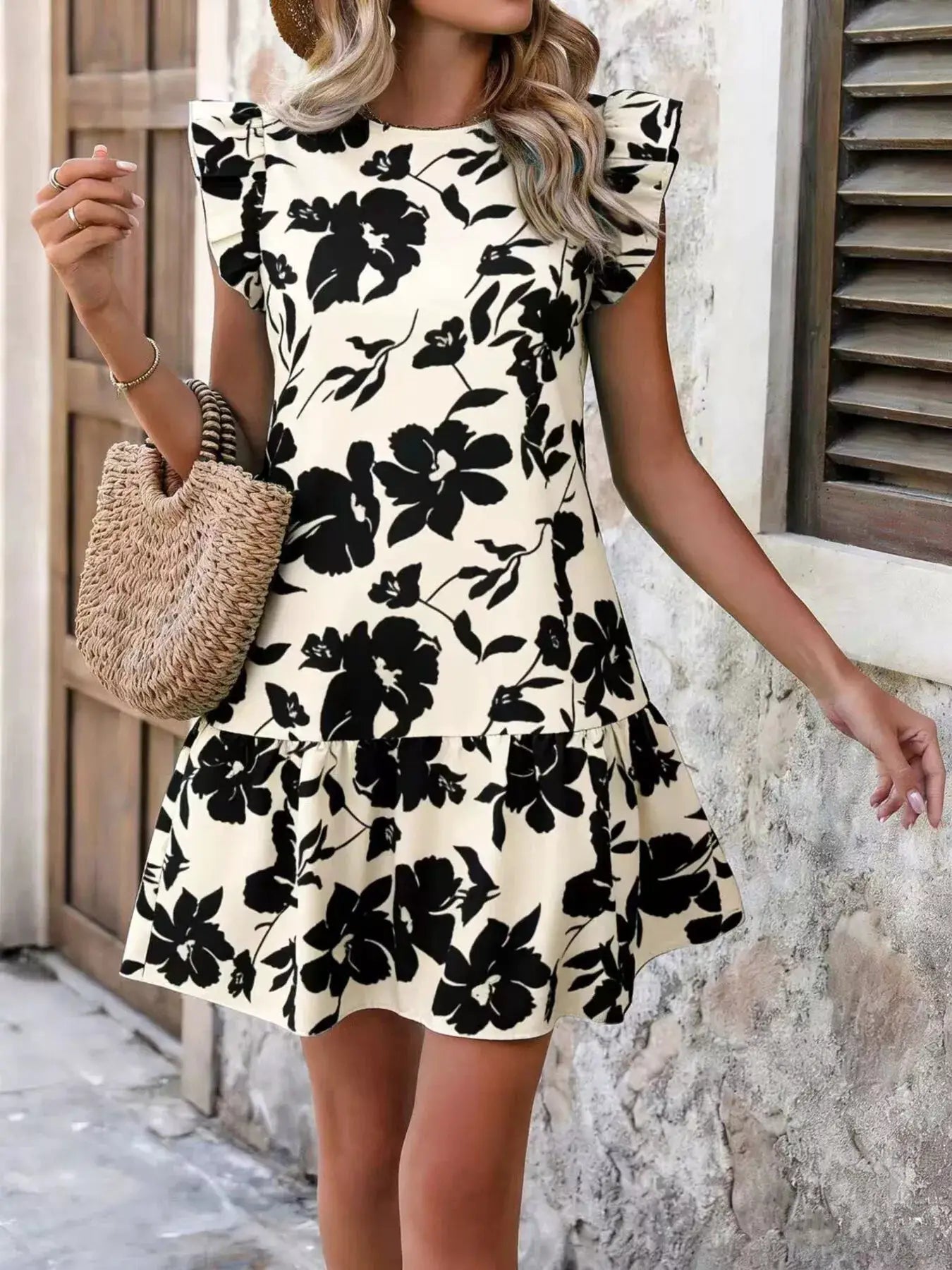 Floral Print Ruffle Sleeve Mini Dress by Trendsi
