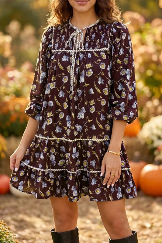 Floral Print Shirred V Neck Shift Dress - Bitsy Gypsy Boutique