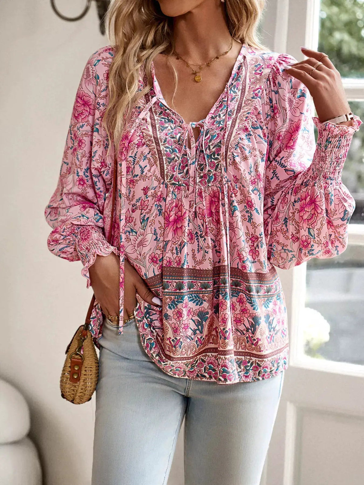 Floral Print Tie-Neck Blouse with Smocked Cuffs - Bitsy Gypsy Boutique