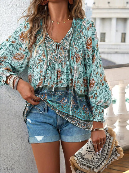 Floral Print Tie-Neck Blouse with Smocked Cuffs - Bitsy Gypsy Boutique