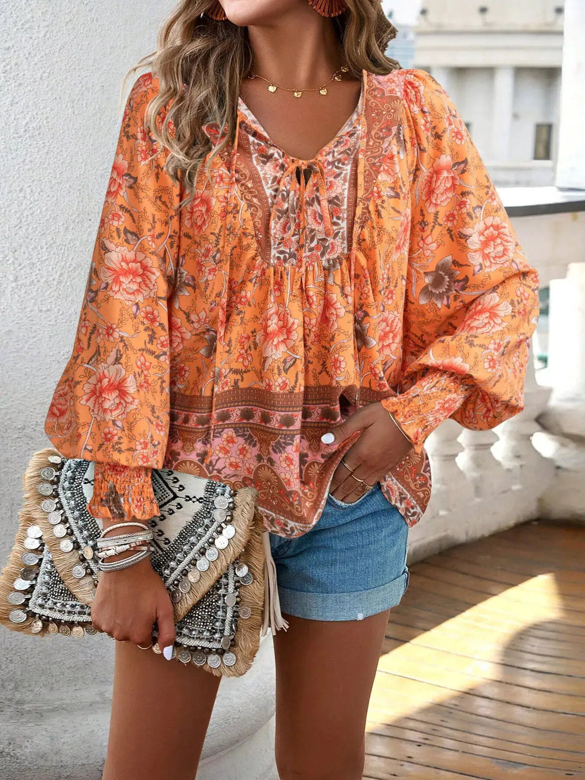 Floral Print Tie-Neck Blouse with Smocked Cuffs - Bitsy Gypsy Boutique