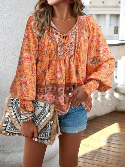Floral Print Tie-Neck Blouse with Smocked Cuffs - Bitsy Gypsy Boutique