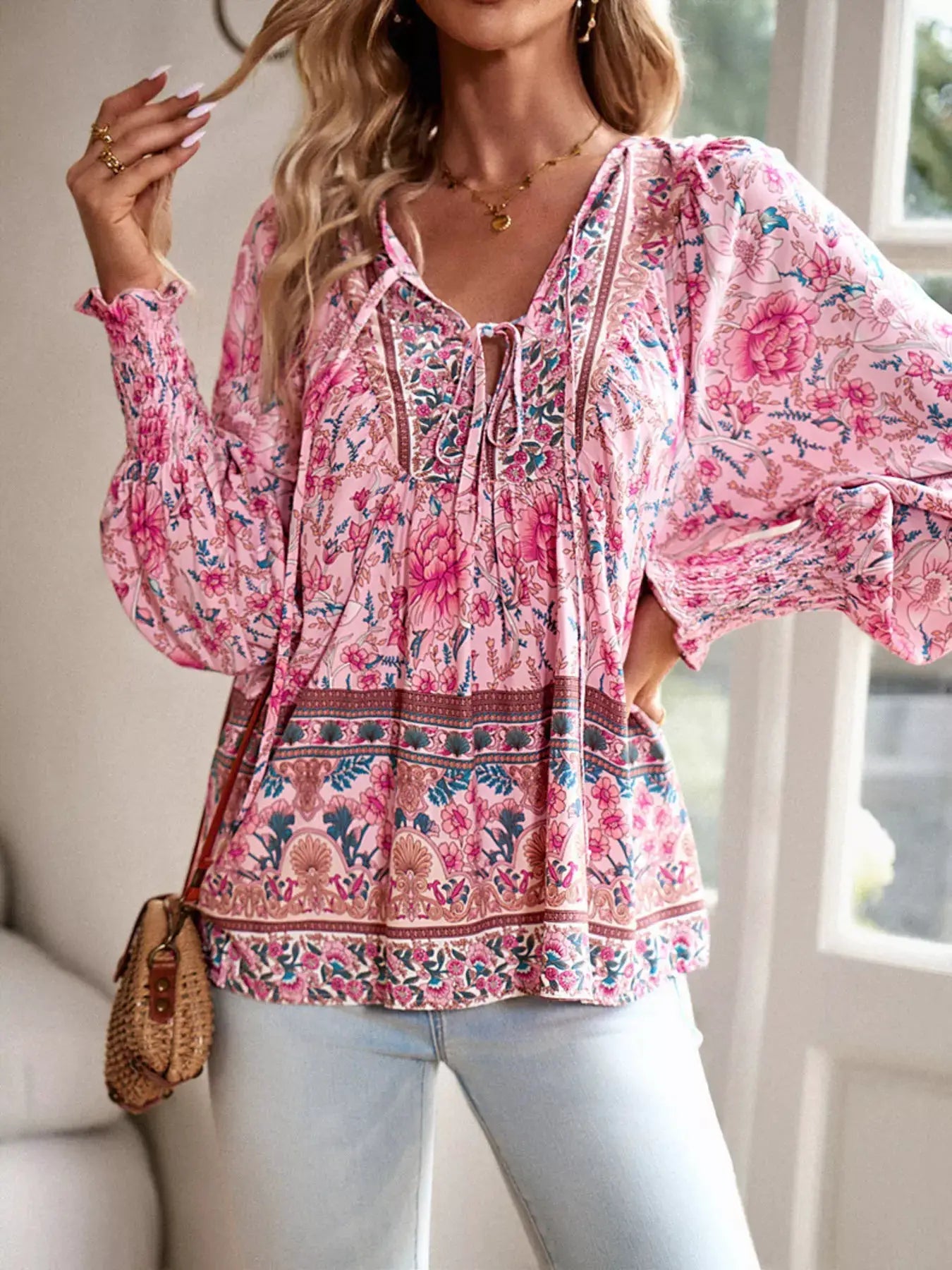 Floral Print Tie-Neck Blouse with Smocked Cuffs - Bitsy Gypsy Boutique