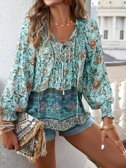 Floral Print Tie-Neck Blouse with Smocked Cuffs - Bitsy Gypsy Boutique