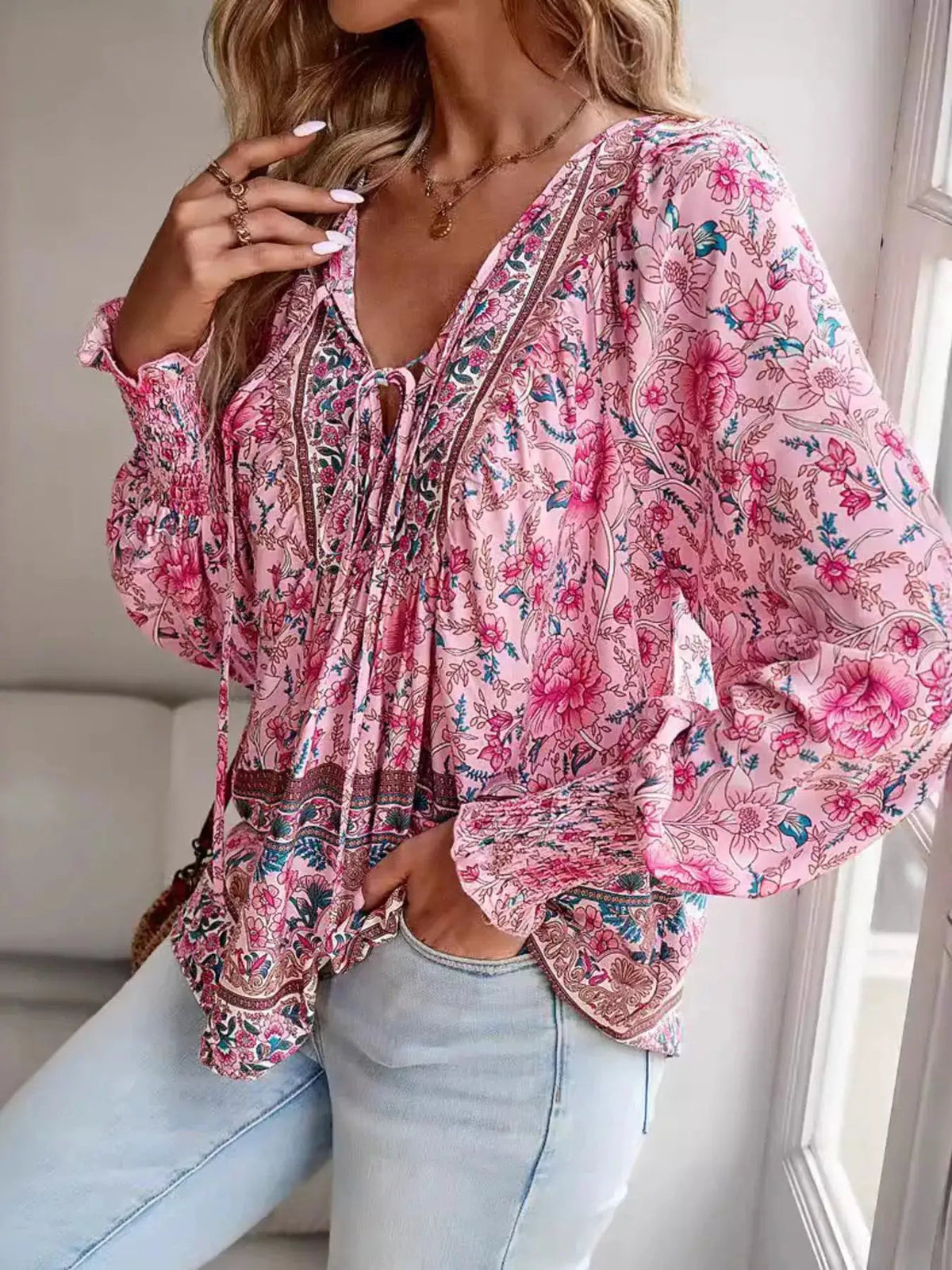Floral Print Tie-Neck Blouse with Smocked Cuffs - Bitsy Gypsy Boutique