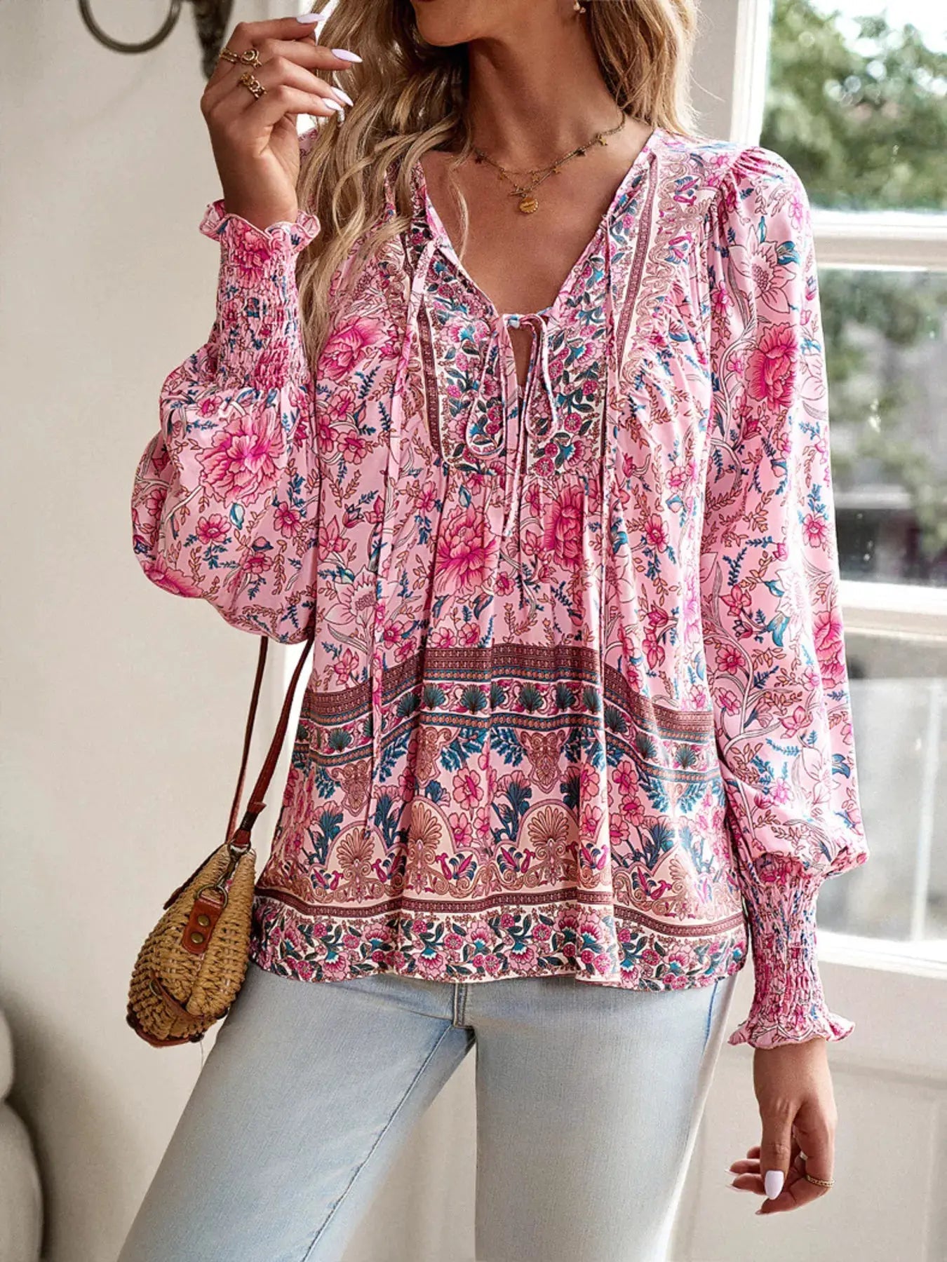 Floral Print Tie-Neck Blouse with Smocked Cuffs - Bitsy Gypsy Boutique