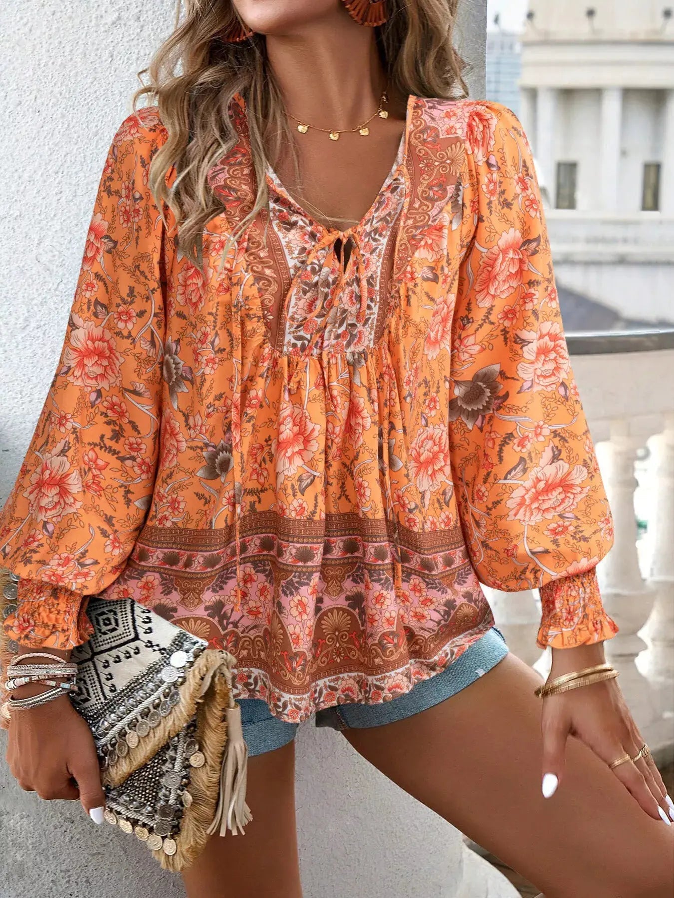 Floral Print Tie-Neck Blouse with Smocked Cuffs - Bitsy Gypsy Boutique