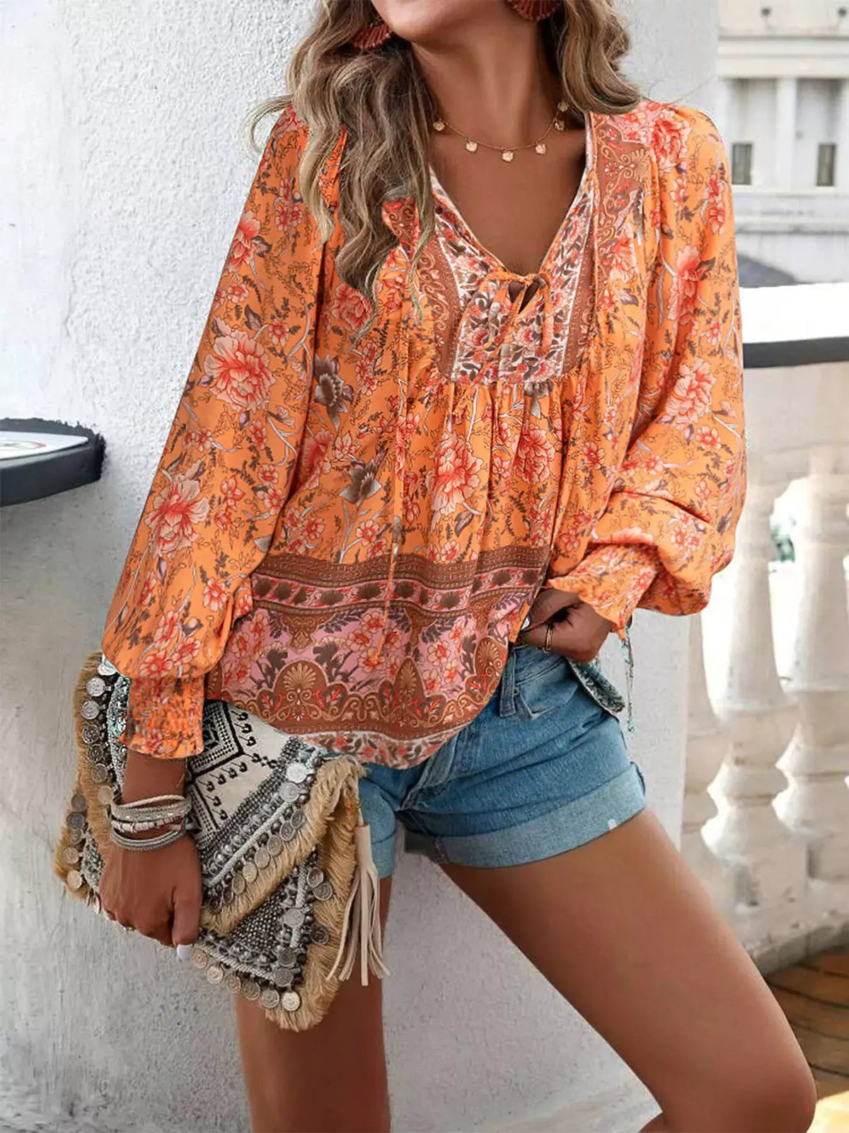 Floral Print Tie-Neck Blouse with Smocked Cuffs - Bitsy Gypsy Boutique