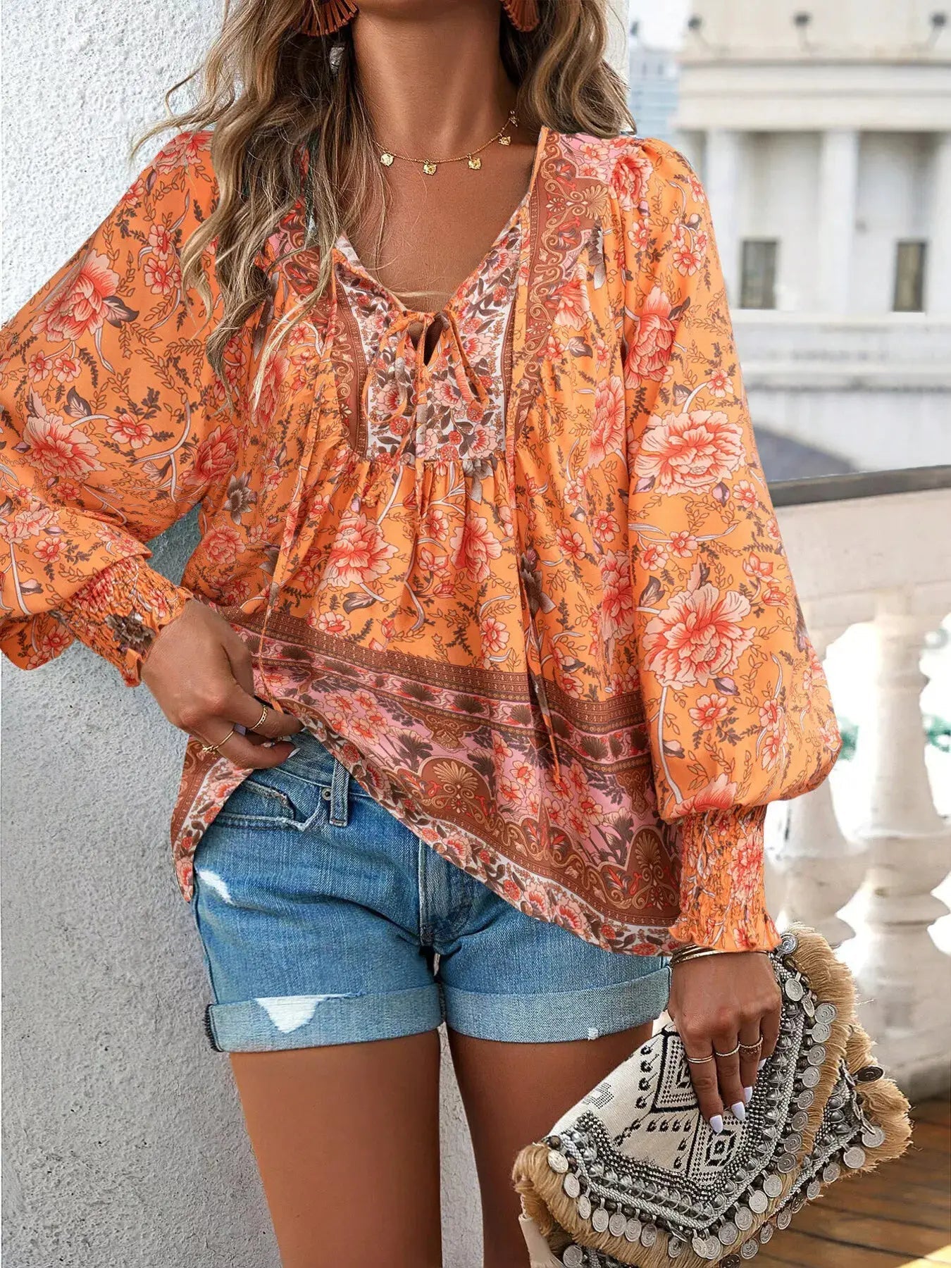 Floral Print Tie-Neck Blouse with Smocked Cuffs - Bitsy Gypsy Boutique