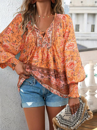 Floral Print Tie-Neck Blouse with Smocked Cuffs - Bitsy Gypsy Boutique