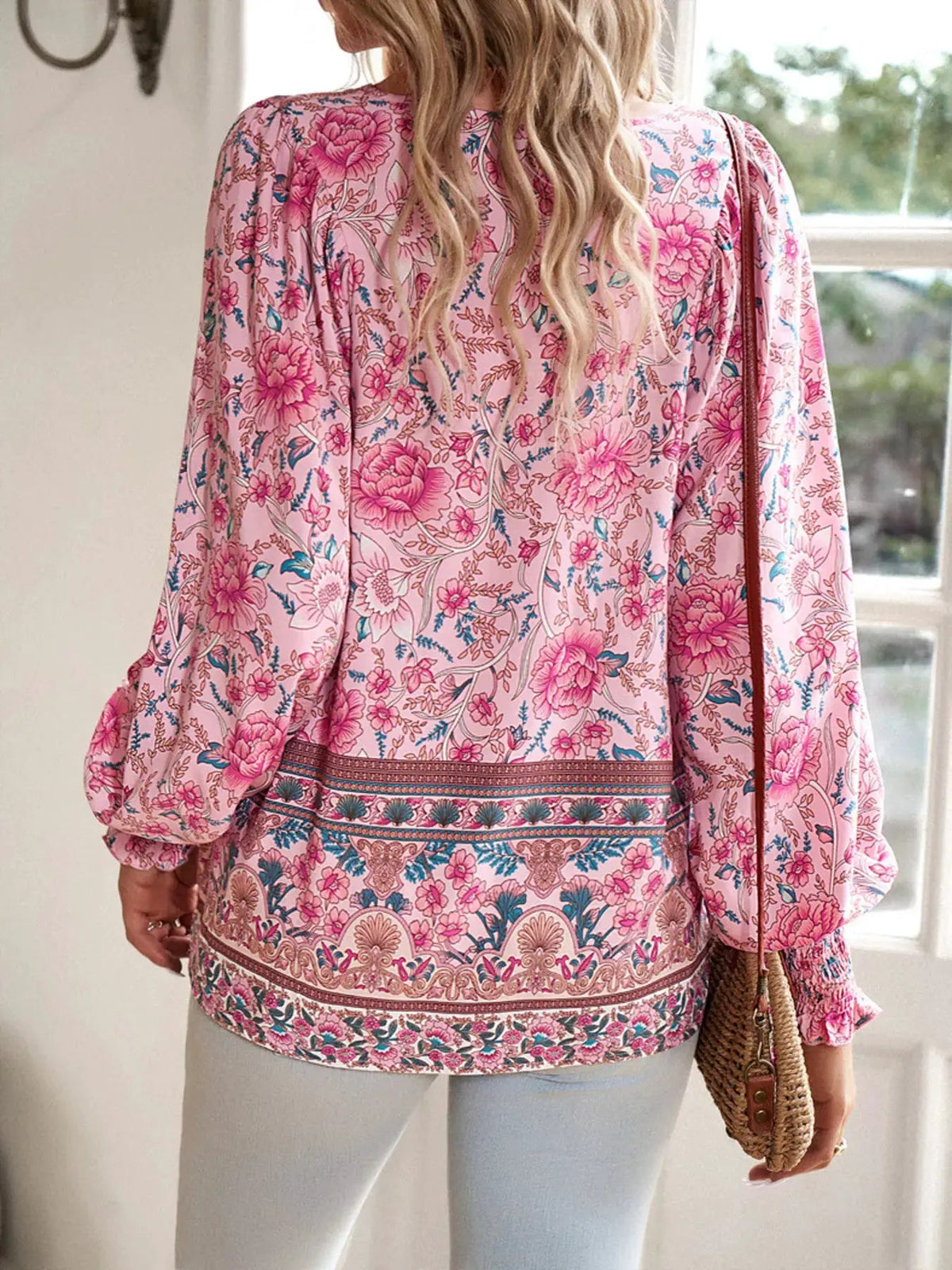 Floral Print Tie-Neck Blouse with Smocked Cuffs - Bitsy Gypsy Boutique