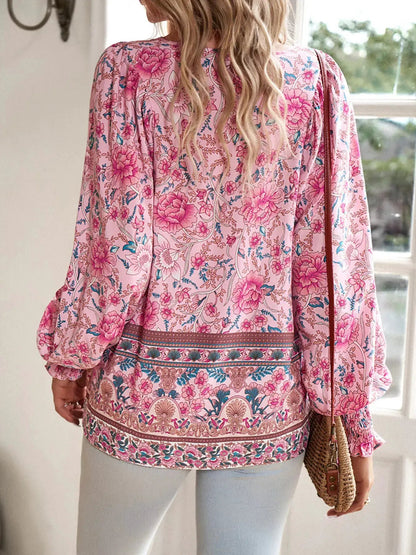 Floral Print Tie-Neck Blouse with Smocked Cuffs - Bitsy Gypsy Boutique