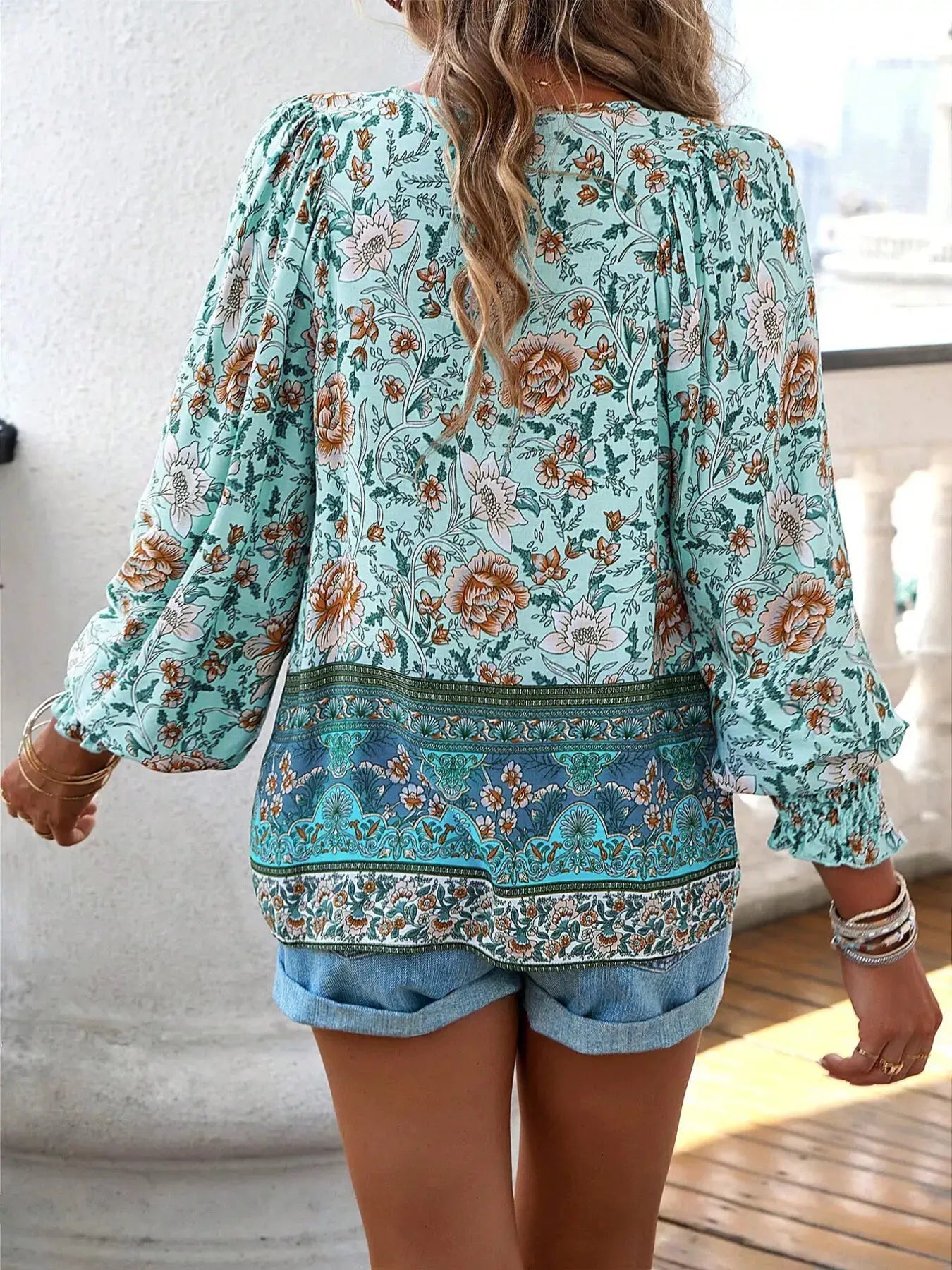 Floral Print Tie-Neck Blouse with Smocked Cuffs - Bitsy Gypsy Boutique