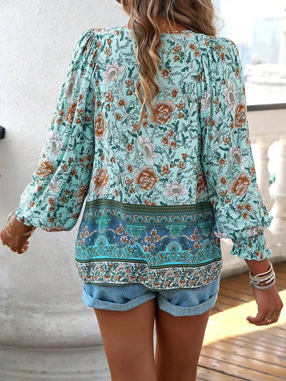 Floral Print Tie-Neck Blouse with Smocked Cuffs - Bitsy Gypsy Boutique