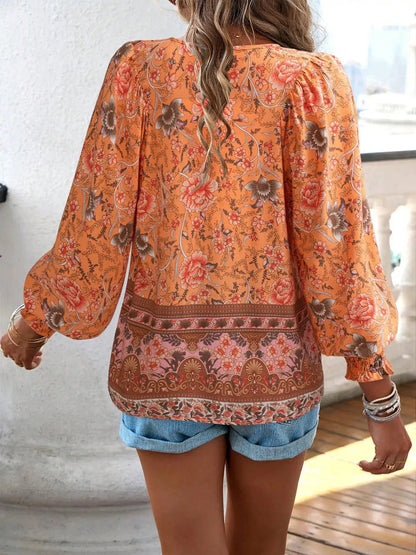 Floral Print Tie-Neck Blouse with Smocked Cuffs - Bitsy Gypsy Boutique