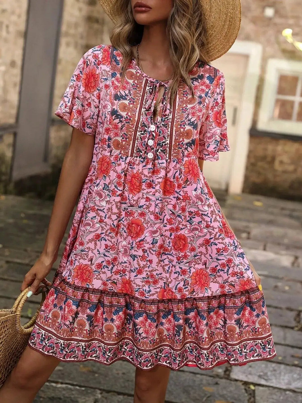 Floral Print Tie-Neck Ruffle Hem Mini Dress - Bitsy Gypsy Boutique