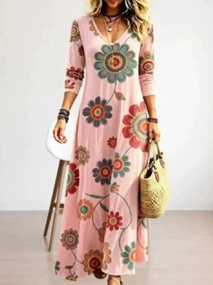 Floral Print V-Neck Long Sleeve Maxi Dress - Bitsy Gypsy Boutique