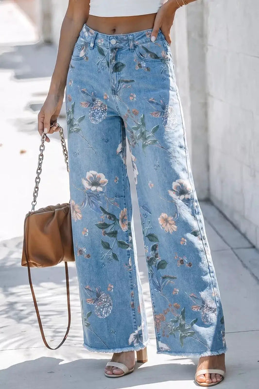 Floral Print Wide-Leg Jeans by Trendsi
