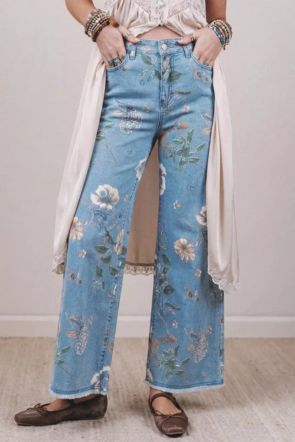 Floral Print Wide-Leg Jeans by Trendsi