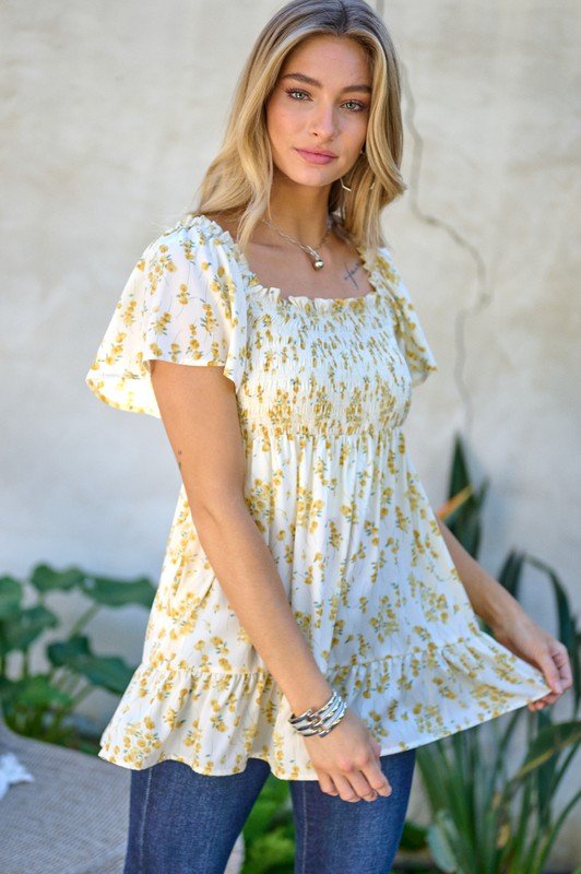 Floral Printed V - Neck Ruffle Top - Bitsy Gypsy Boutique