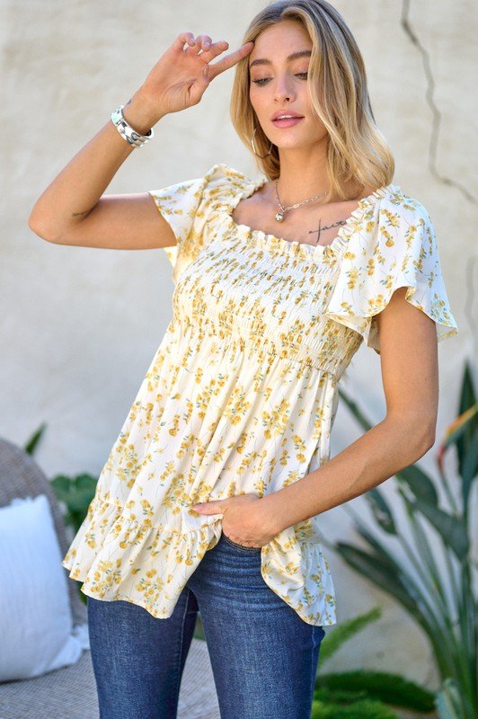 Floral Printed V - Neck Ruffle Top - Bitsy Gypsy Boutique