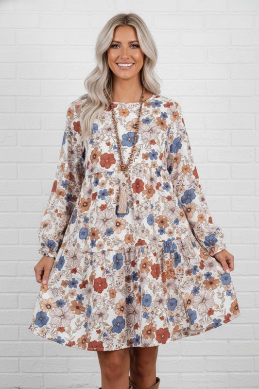 Floral Round Neck Ruffle Long Sleeve Dress - Bitsy Gypsy Boutique