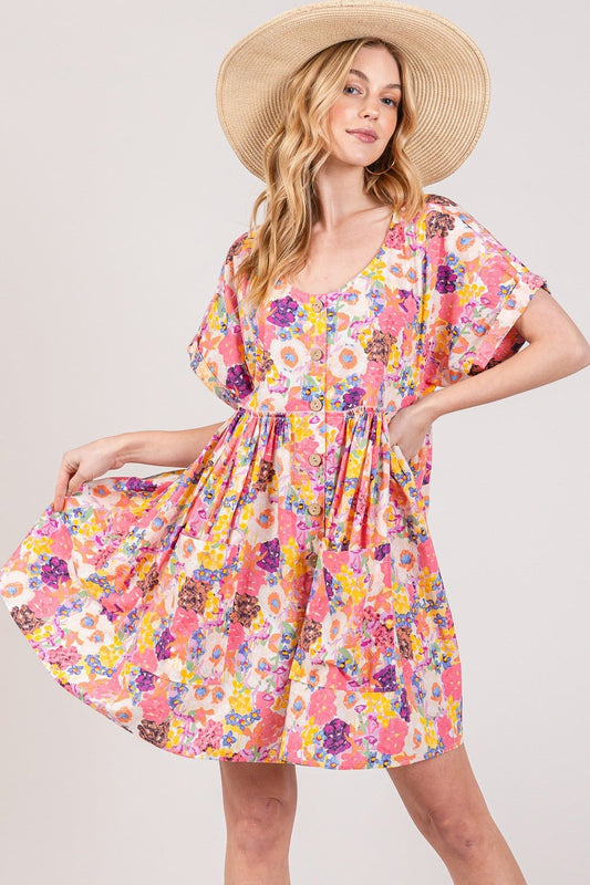 Floral Short Sleeve Babydoll Dress with Pockets - Bitsy Gypsy Boutique