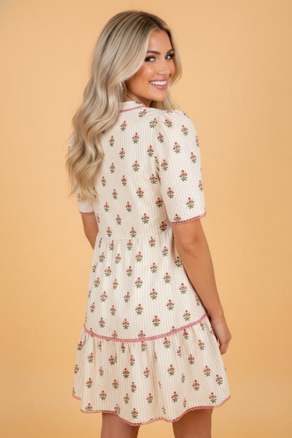 Floral Stripe Contrast Ruffle Hem Mini Dress - Bitsy Gypsy Boutique