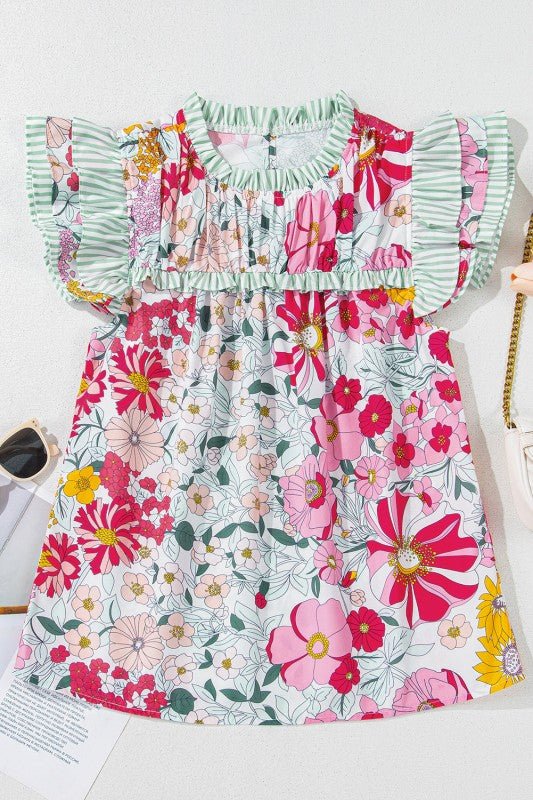 Floral Stripe Patchwork Ruffle Short Sleeve Blouse - Bitsy Gypsy Boutique