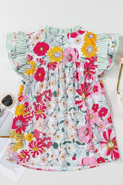 Floral Stripe Patchwork Ruffle Short Sleeve Blouse - Bitsy Gypsy Boutique
