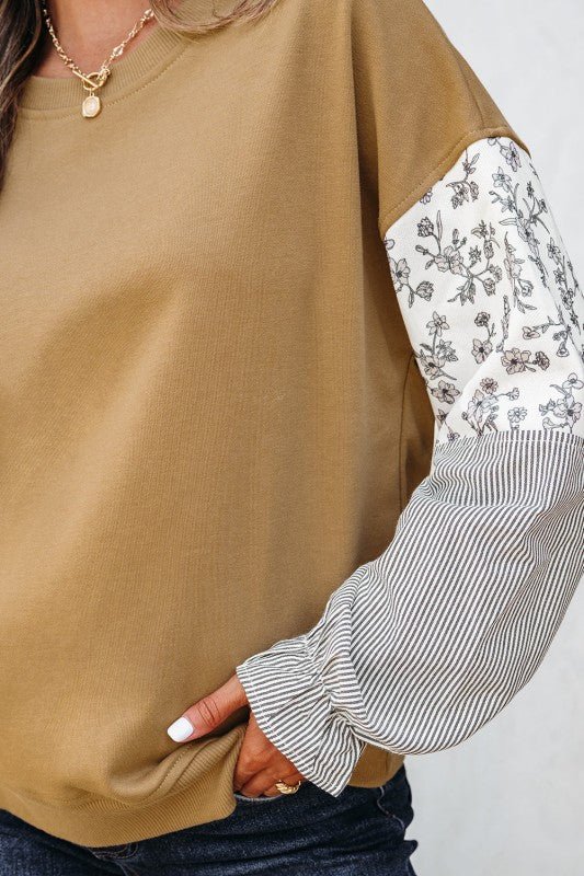 Floral Stripe Patchwork Ruffle Sleeve Crewneck Swe - Bitsy Gypsy Boutique