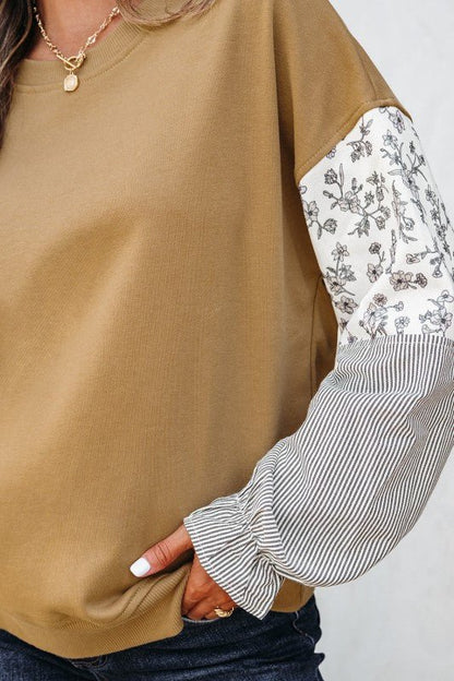 Floral Stripe Patchwork Ruffle Sleeve Crewneck Swe - Bitsy Gypsy Boutique