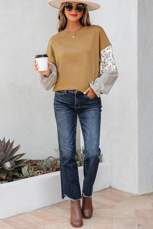 Floral Stripe Patchwork Ruffle Sleeve Crewneck Swe - Bitsy Gypsy Boutique