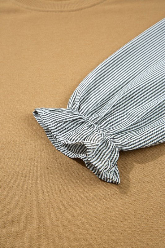 Floral Stripe Patchwork Ruffle Sleeve Crewneck Swe - Bitsy Gypsy Boutique