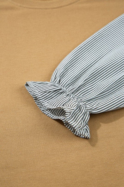 Floral Stripe Patchwork Ruffle Sleeve Crewneck Swe - Bitsy Gypsy Boutique