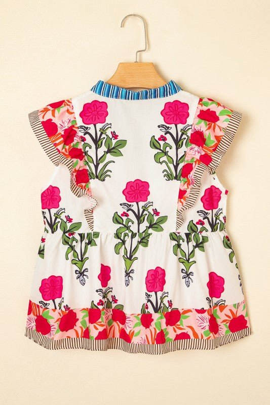 Floral Tie - Neck Stripe Flutter Sleeve Blouse - Bitsy Gypsy Boutique