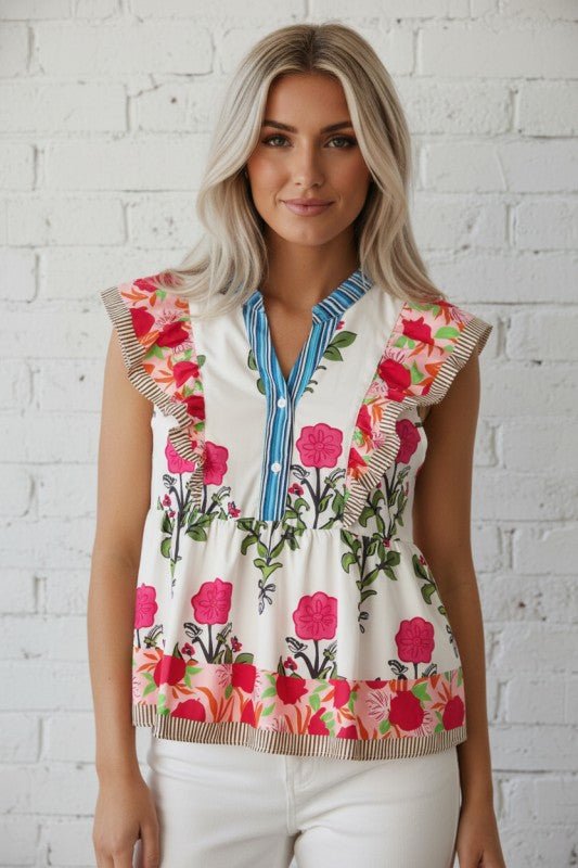 Floral Tie - Neck Stripe Flutter Sleeve Blouse - Bitsy Gypsy Boutique