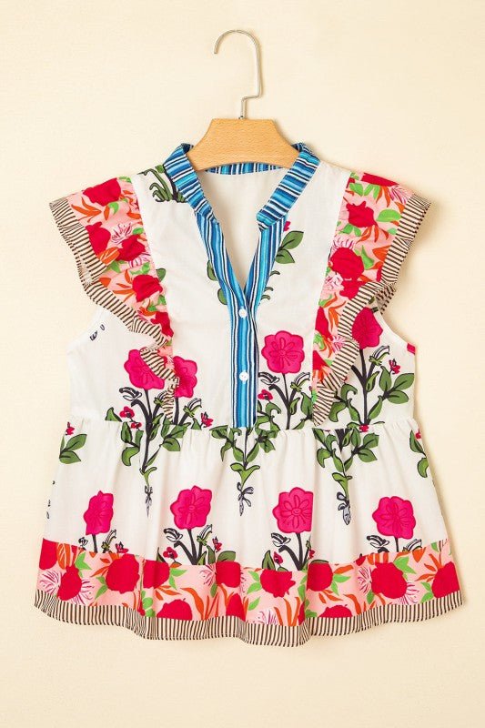 Floral Tie - Neck Stripe Flutter Sleeve Blouse - Bitsy Gypsy Boutique